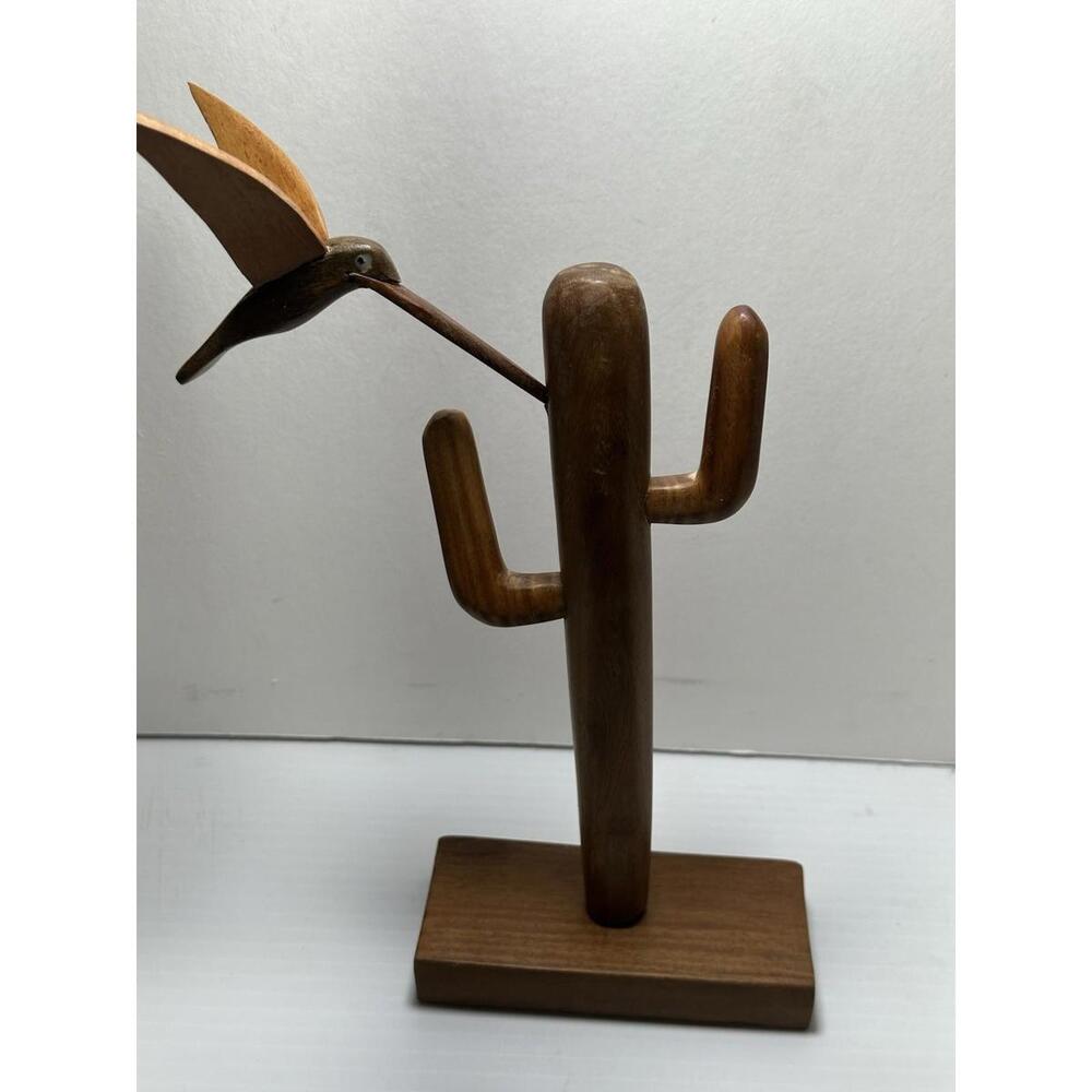 Hand Carved Ironwood Saguaro Cactus Bird‎ 6.5" Mother Of Pearl Eyes Folk Art